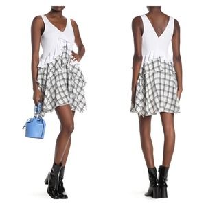 OPENING CEREMONY Dress Womens Small White Black Sleeve Plaid Ruffle Skater NWT